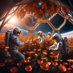 Trzech mężczyzn w skafandrach kosmicznych pielęgnujących kwiaty w geodezyjnej kopule atmosfery na Księżycu