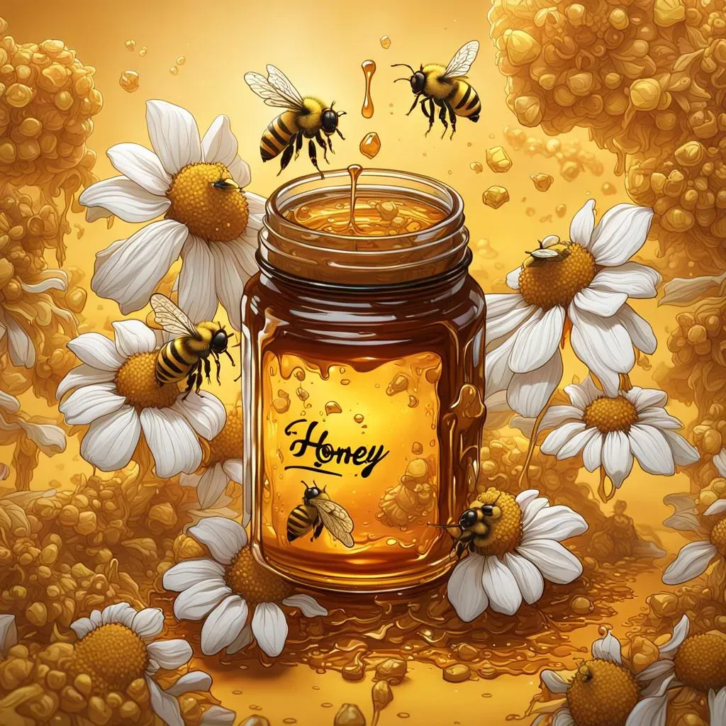 Honey logo showing bees on flowers and dripping honey comb on a jar of honey