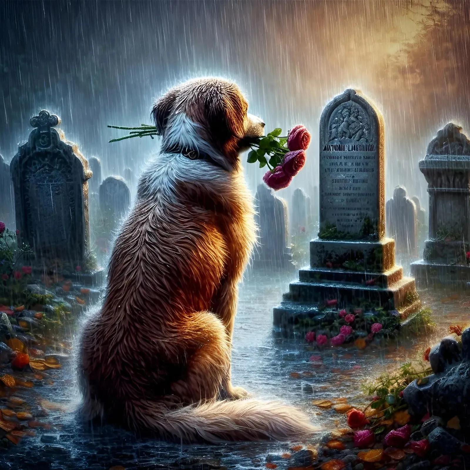 A dog sits looking at a gravestone in the rain