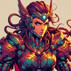 The goddess hera looking angry wearing futuristic armor