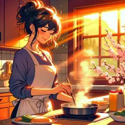 Scena w stylu anime przedstawiająca troskliwą matkę w przytulnej, oświetlonej słońcem kuchni, przygotowującą śniadanie