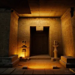 An ancient Egyptian tomb with hieroglyphics, golden artifacts