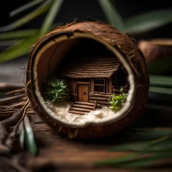 A miniature house in half a coconut shell