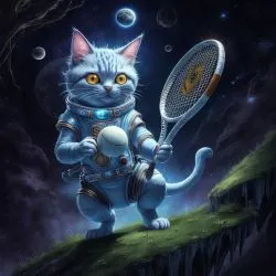 Funny cat playing tennis with a large eye wearing
