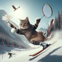 Kot grający w badmintona zjeżdżający na nartach