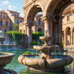 Photo of a beautiful antiquity city with plants and a fountain