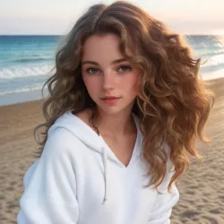 Woman with wavy hair wearing a white sweatshirt on the beach