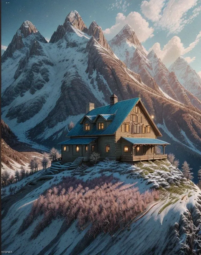 House on a distant mountain top, painting