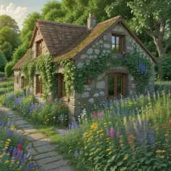 House vine-covered stone cottage surrounded by lush gardens and wildflowers