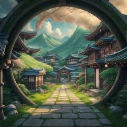 Old japanese village getting sucked in a big round portal