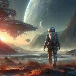 Astronaut walking on an alien planet