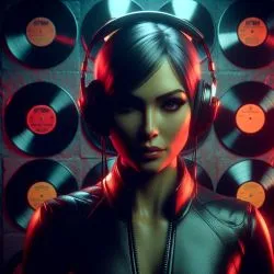 Portrait of agent 4 7 from hitman wearing headphones standing in front of a wall of vinyl records