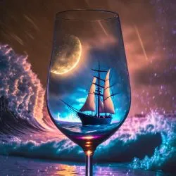 Sailing ship inside a wine glass during a storm