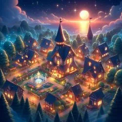 View of magical village, nice setting, evening, moonlight