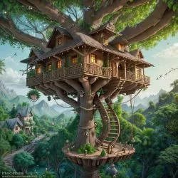 Whimsical treehouse village connected by rope bridges