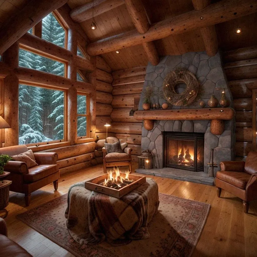 Living room of a log house, with a large two-story window