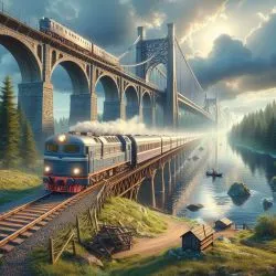 Train rides on the bridge over the river