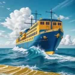 Plaża morska w morzu pływający duży liniowiec na lądzie przejeżdżający pociąg w kolorach niebieskim i żółtym