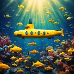 Żółta łódź podwodna z nurkami i kolorowymi rybami głęboko w wodzie