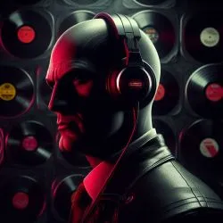 Portrait of agent 4 7 from hitman wearing headphones standing in front of a wall of vinyl records