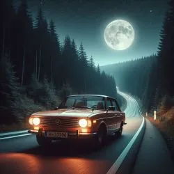 Old car driving down the street at night