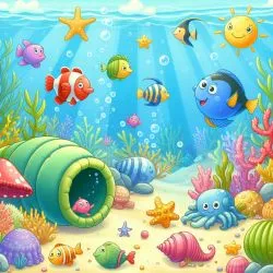 Playful, underwater scene, filled with marine life, children’s book illustration
