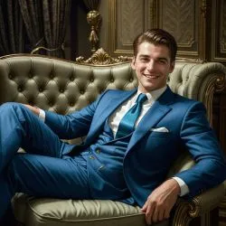 Luksusowy mężczyzna w fotelu uśmiechający się w luksusowym pokoju