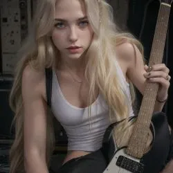 Lange blonde Haare, Gitarrist, weißes Tanktop, schwarze Jeans, schwarze Kampfstiefel
